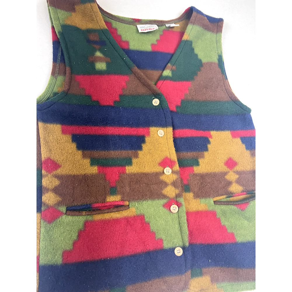 Vintage Aztec Fleece Vest Southwest Boho Western Geometric Button Up Pockets
